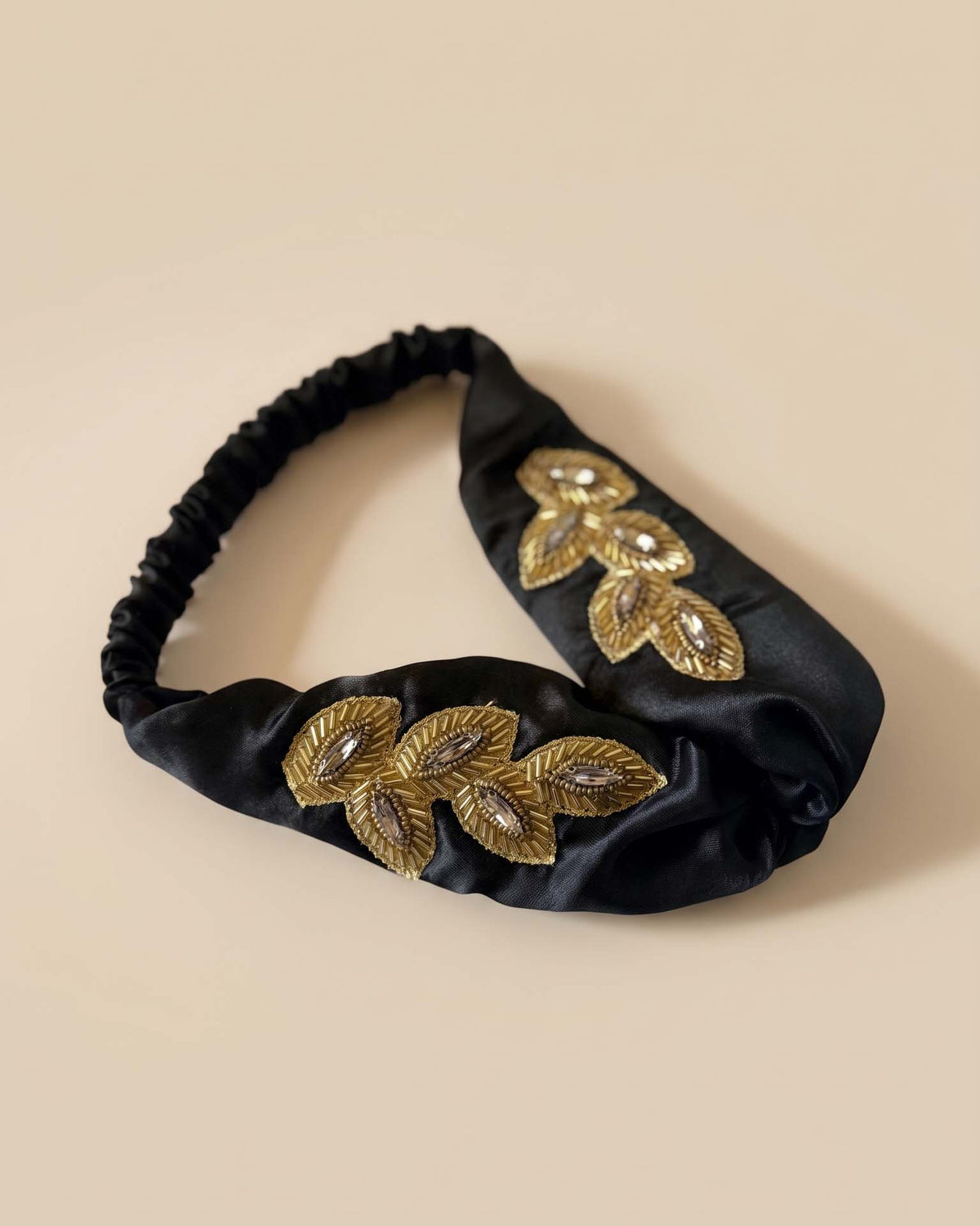 Vintage 1960s Black Satin Bandeau Headband Gold Beaded Leaf Rhinestone Women's Evening Cocktail Hair Accessory Headpiece