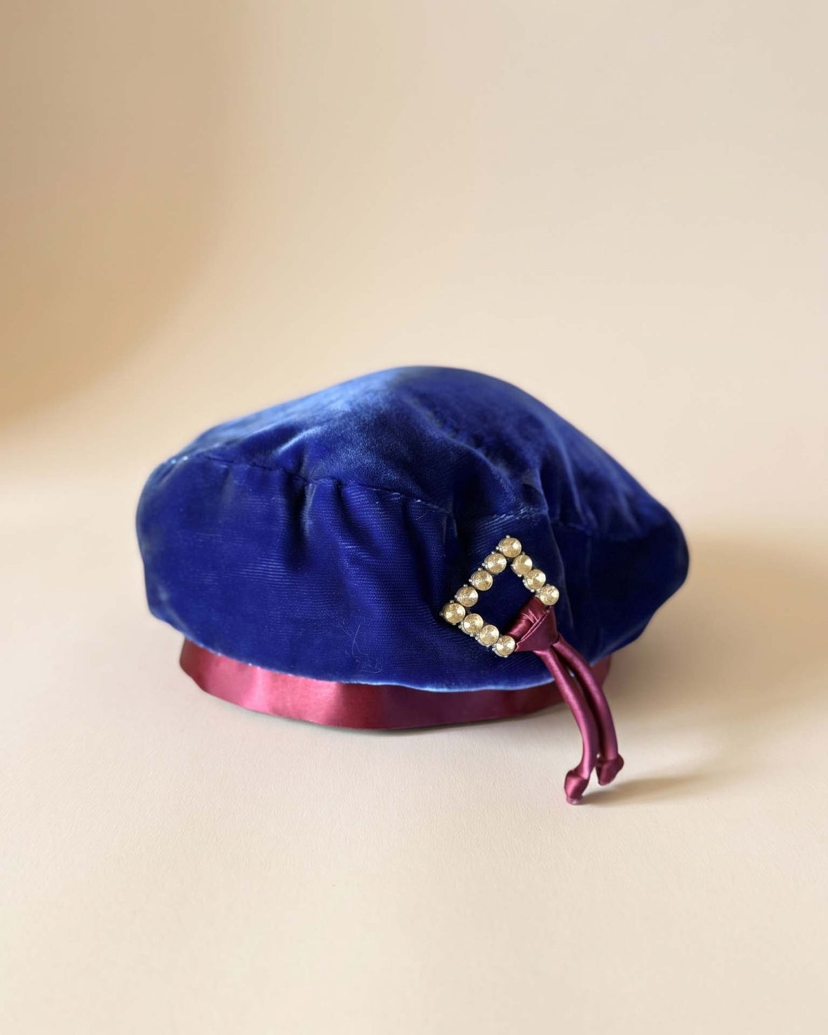 Vintage 1950s Royal Blue Velvet Cocktail Hat Burgundy Satin Rhinestone Buckle Women's Mid Century Evening Millinery