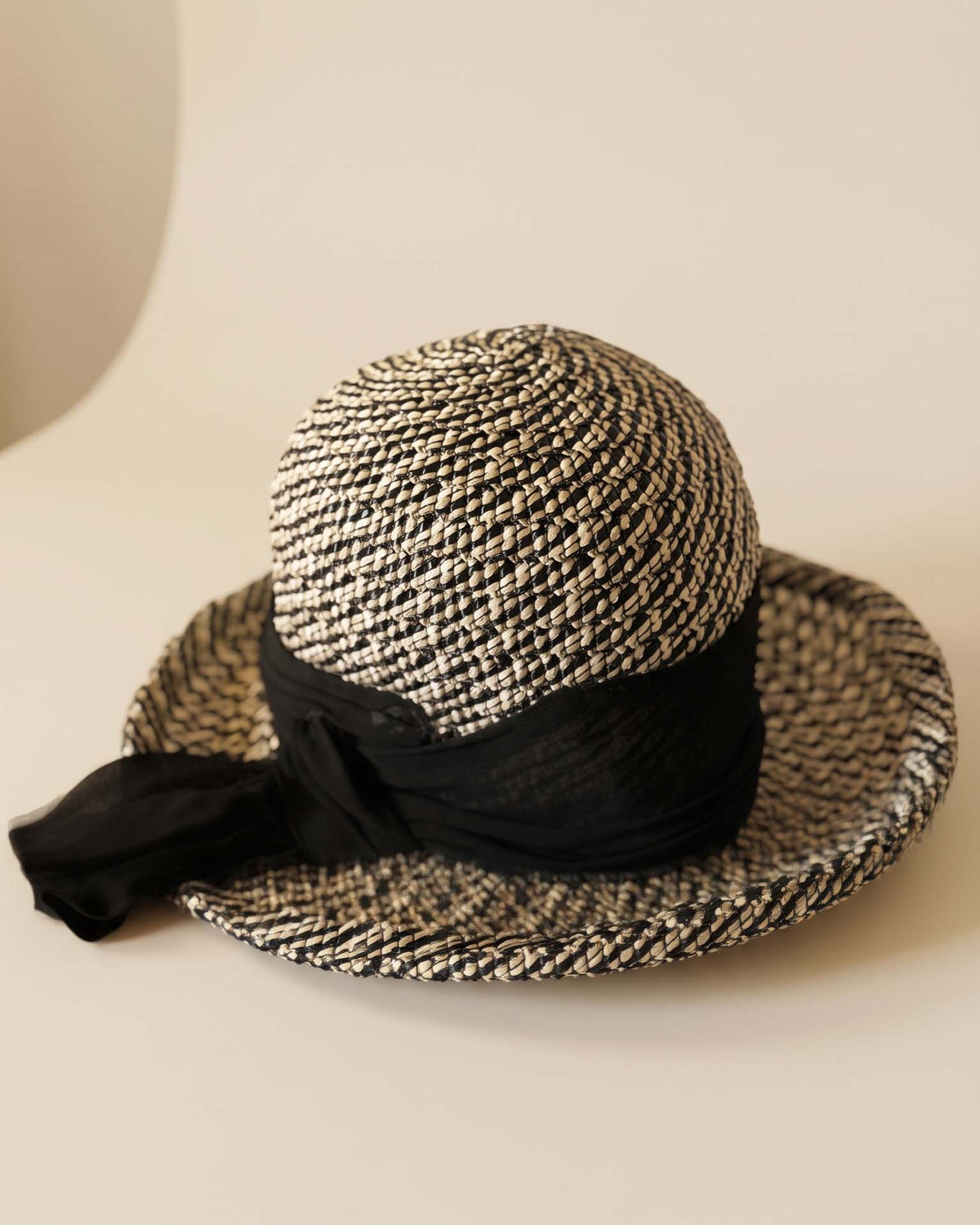 Vintage 1950s Angel Black Ivory Woven Straw Wide Brim Hat Black Chiffon Scarf Bow Women's Mid Century Summer Hat