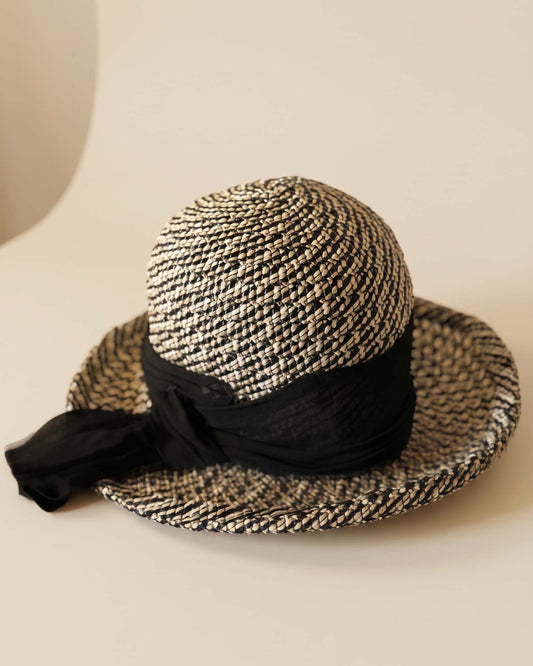 Vintage 1950s Angel Black Ivory Woven Straw Wide Brim Hat Black Chiffon Scarf Bow Women's Mid Century Summer Hat