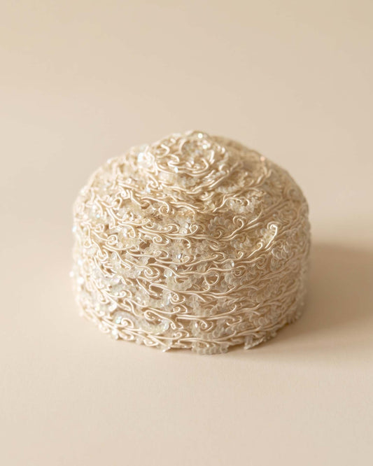 Vintage 1950s Ivory Sequin Pillbox Hat Soutache Embroidery Bridal Wedding Cocktail Women's Mid Century Millinery