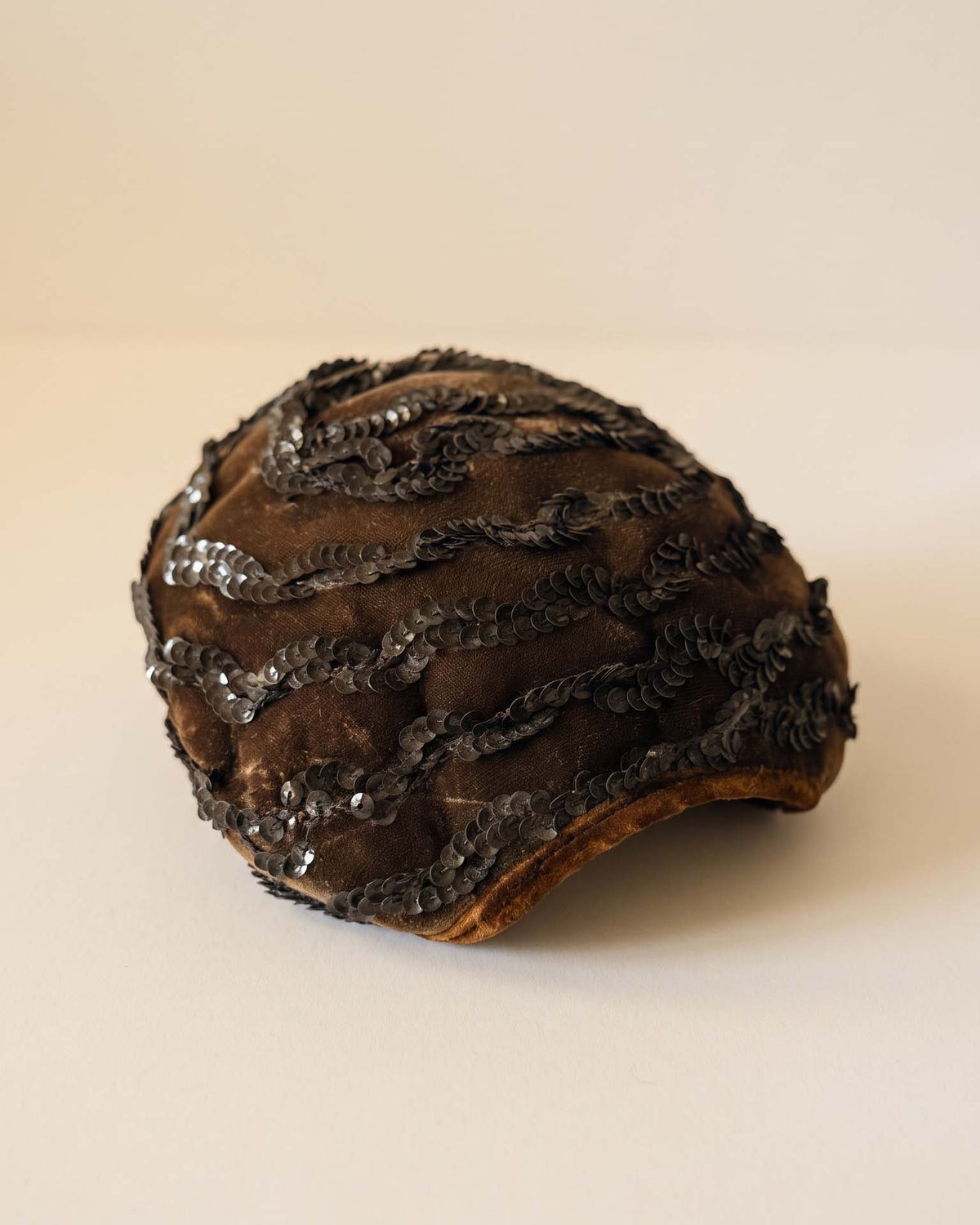 Vintage 1940s Brown Velvet Sequin Half Hat Black Sequin Swirl Cocktail Hat Women's WWII Era Sculptural Millinery