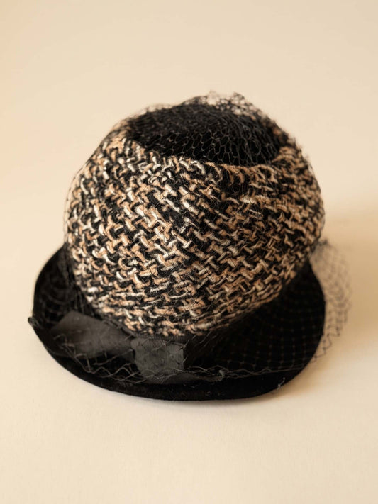 Vintage 1950s Black Velvet Tweed Cloche Hat Black Veil Bow Women's Mid Century Cocktail Church Millinery