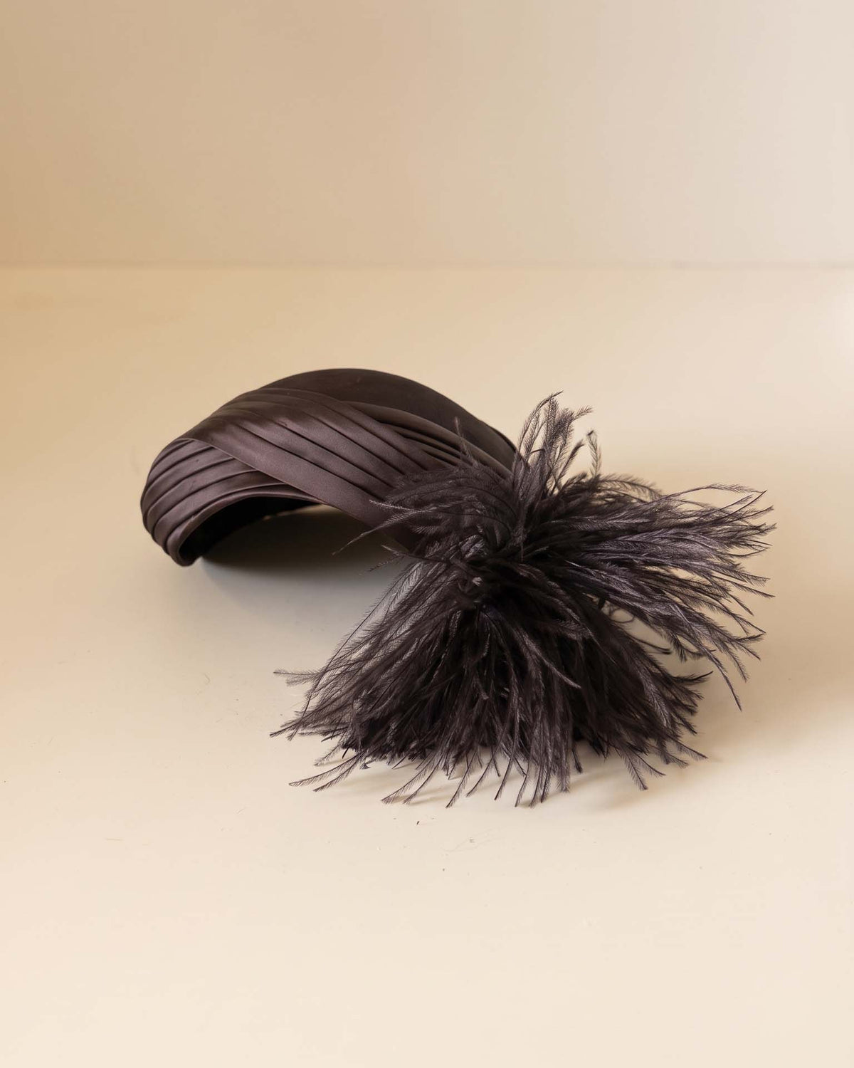 Vintage 1940s Modern Miss Dark Brown Satin Tilt Hat Ostrich Feather Plume Pleated Ribbon Women's Cocktail Millinery