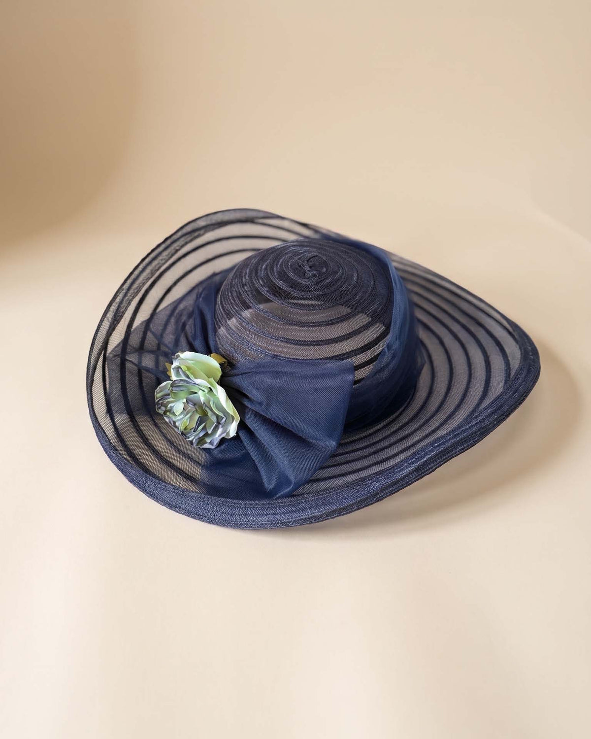 Vintage 1960s Navy Blue Sheer Wide Brim Picture Hat Pale Green Floral Trim Bow Women's Mid Century Formal Garden Party Hat