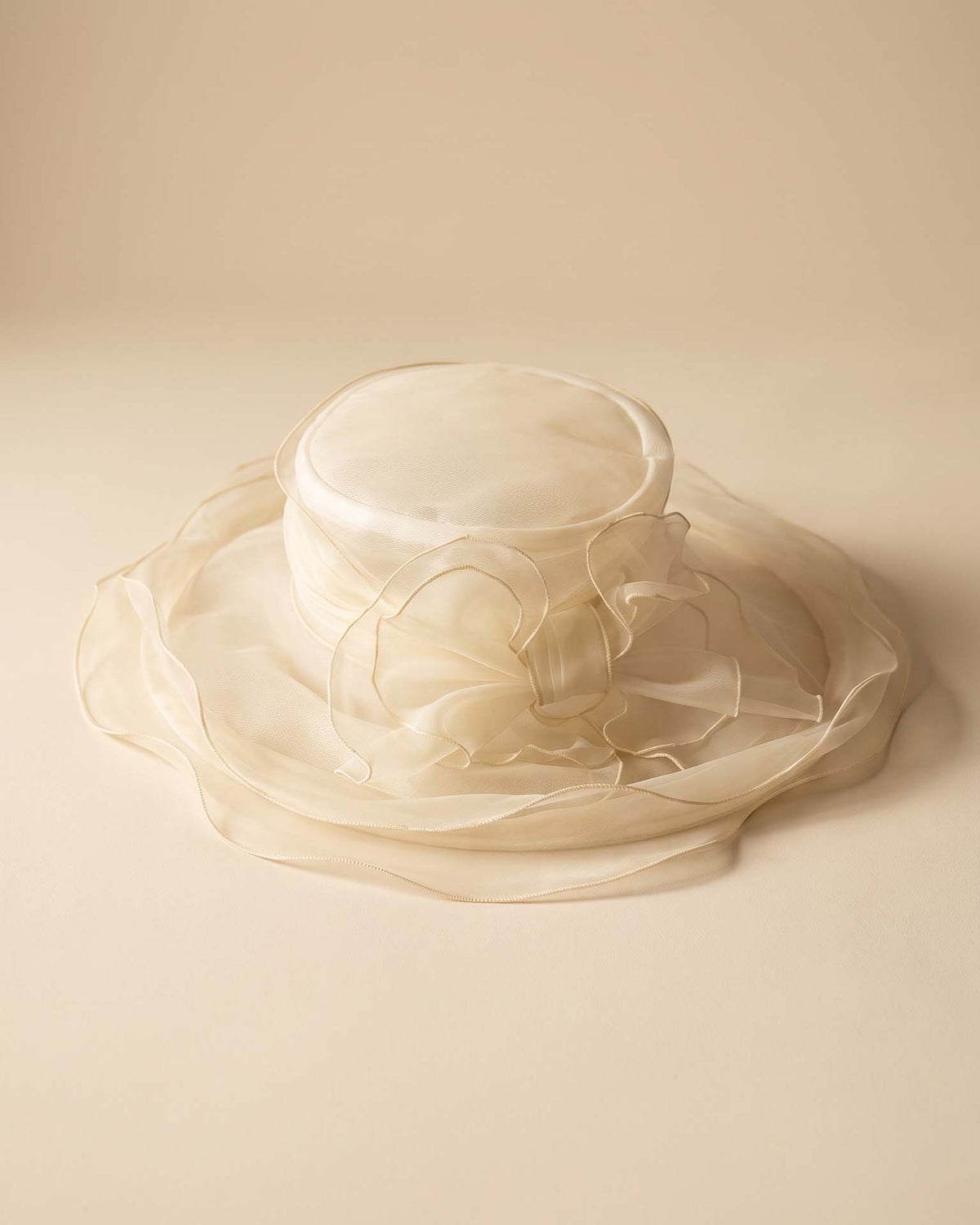 Vintage 1990s Betmar Ivory Organza Wide Brim Hat Sheer Ruffled Brim Bow Women's Bridal Wedding Church Garden Party Hat