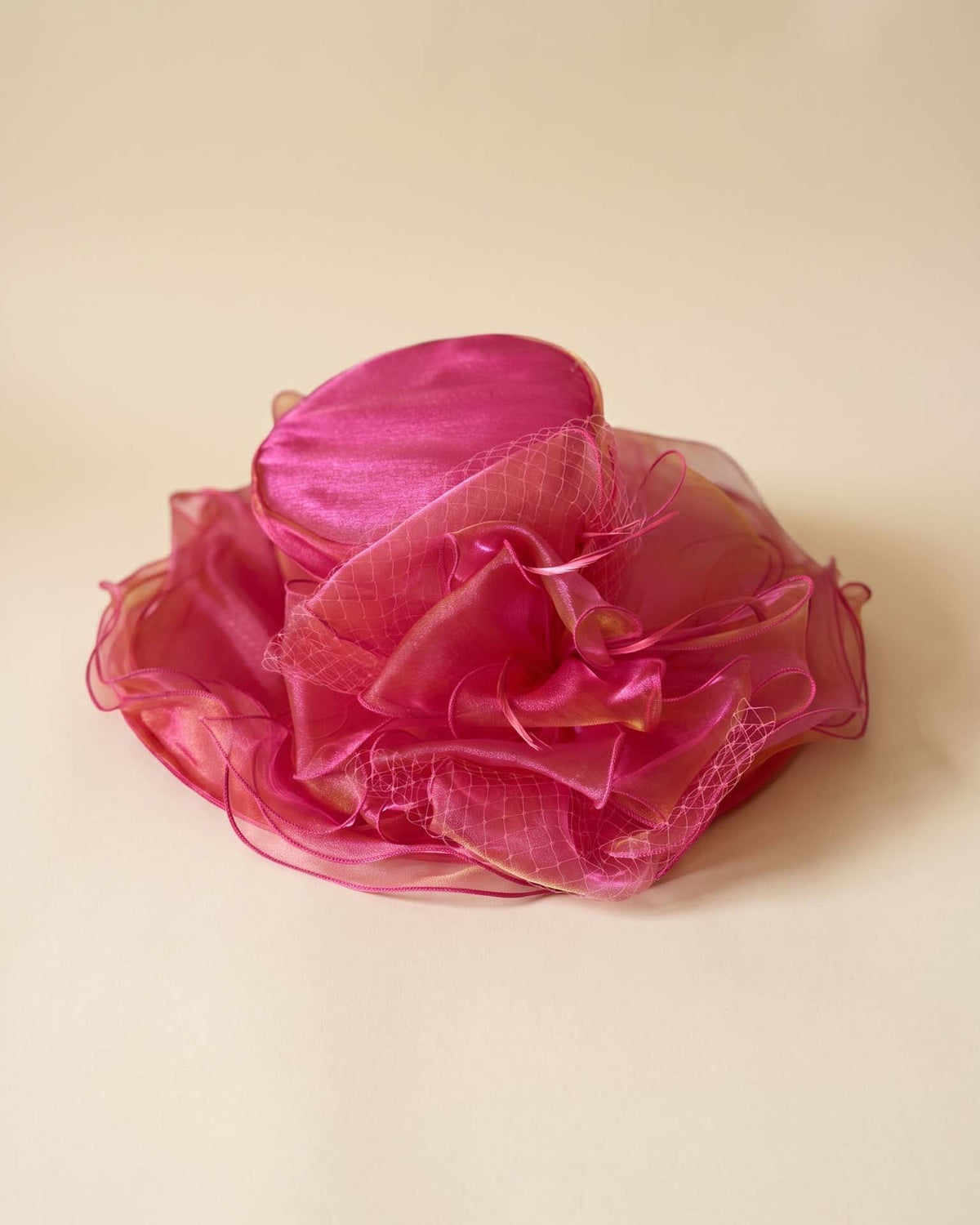Vintage Hot Pink Fuchsia Organza Wide Brim Hat Ruffled Ribbon Netting Kentucky Derby Church Wedding Statement Hat