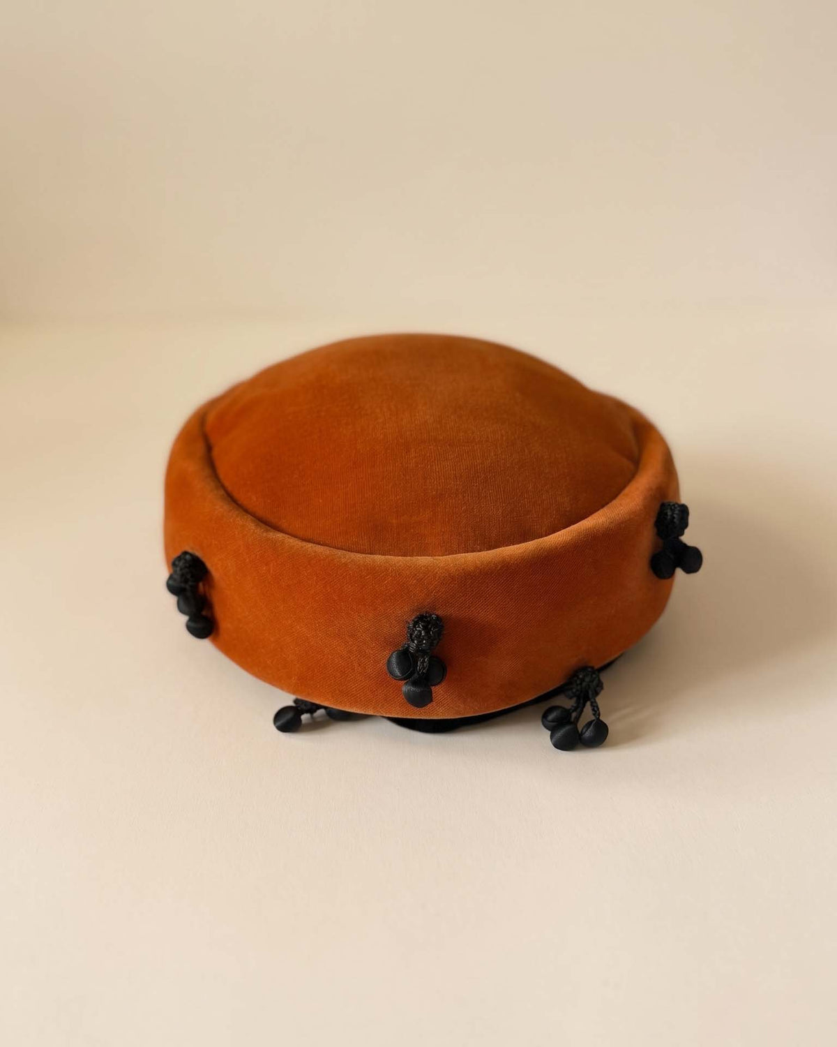 Vintage 1940s Burnt Orange Velvet Hat Black Passementerie Drop Trim Made in Germany Women's WWII Era Millinery