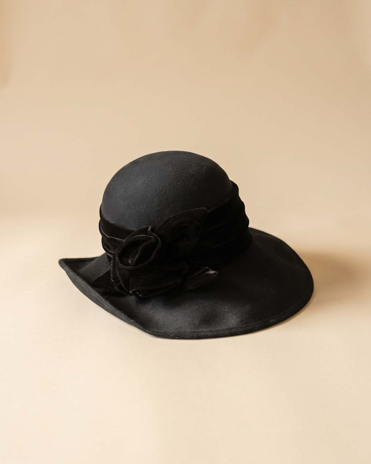 Vintage 1960s Georga Taylor Black Wool Felt Wide Brim Hat Velvet Rose Trim Women's Mod Mid Century Statement Millinery