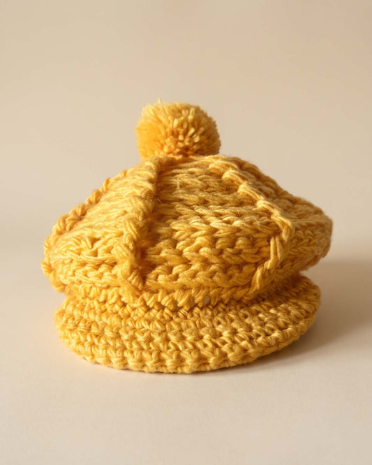 Vintage 1960s Mustard Yellow Crochet Newsboy Hat Pom Pom Cable Knit Brim Women's Mod Winter Cap Handmade Vintage Hat