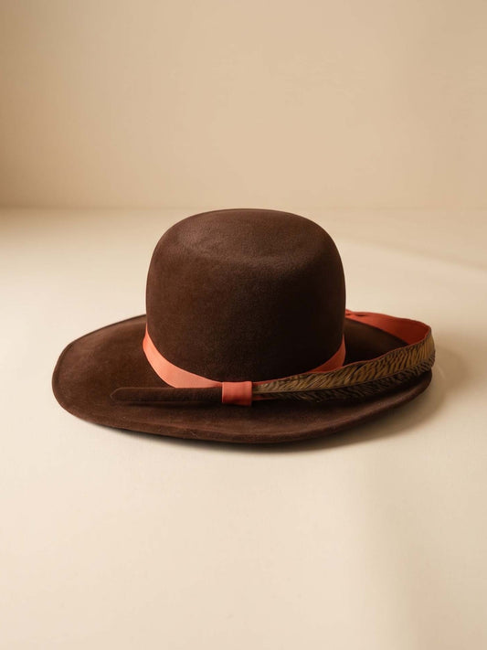Vintage 1960s Kurt Jr Brown Felt Wide Brim Hat Coral Grosgrain Ribbon Feather Trim Women's Mod Mid Century Millinery