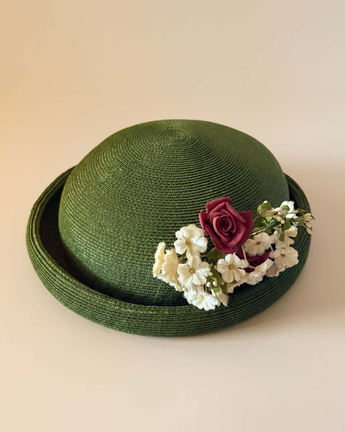 Vintage 1960s Olive Green Straw Cloche Hat Burgundy Rose Ivory Flowers Women's Mod Floral Church Garden Party Hat