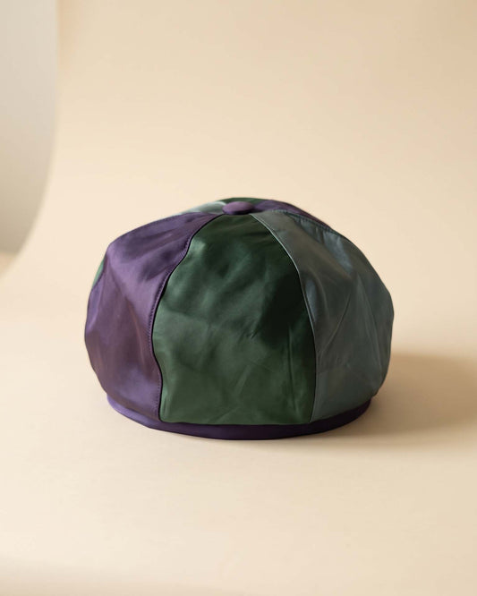 Vintage 1960s Dachettes by Lilly Dache Purple Green Satin Hat Color Block Paneled Pillbox Mod Women's Designer Millinery