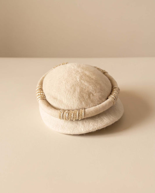 Vintage 1960s Miss Lynn Ivory Wool Felt Pillbox Hat Cream Sequin Gold Metallic Trim Women's Mid Century Cocktail Millinery
