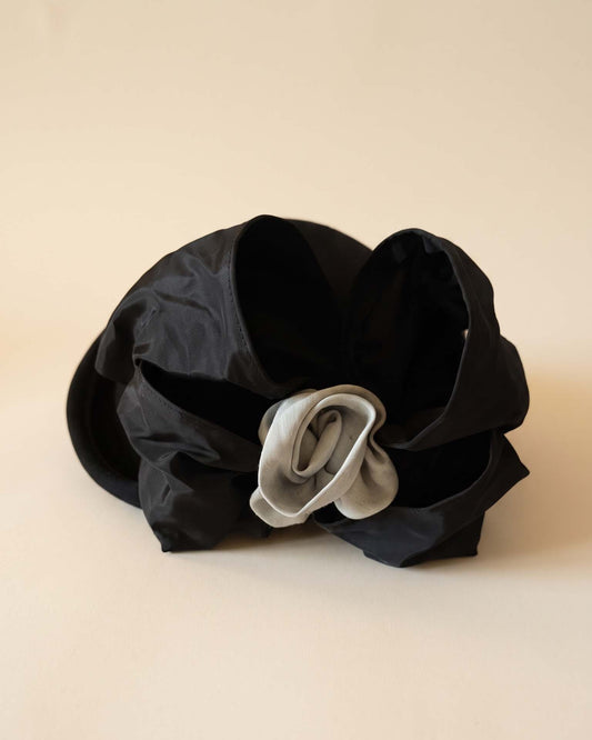 Vintage 1940s Black Felt Tilt Hat Oversized Black Taffeta Bow Ivory Fabric Rose Women's WWII Era Cocktail Millinery