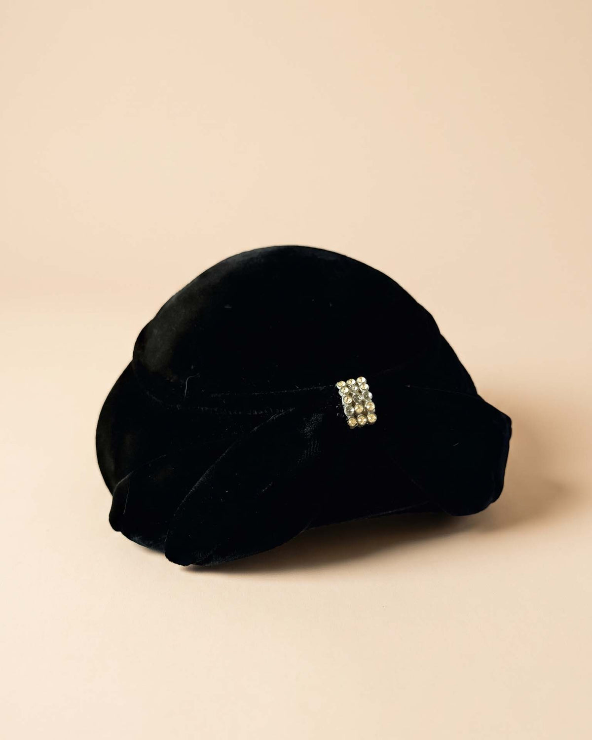 Vintage 1950s Black Velvet Cocktail Hat Rhinestone Accent Draped Brim Women's Mid Century Formal Evening Hat
