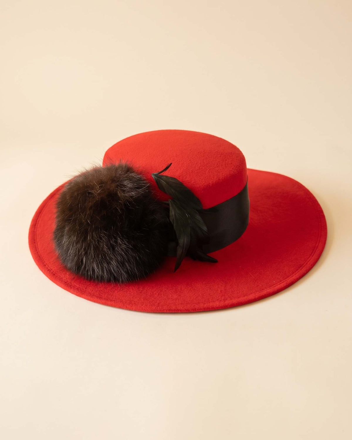 Vintage 1960s Don Anderson Indianapolis Red Wool Felt Wide Brim Hat Black Feather Pom Trim Women's Designer Statement Millinery