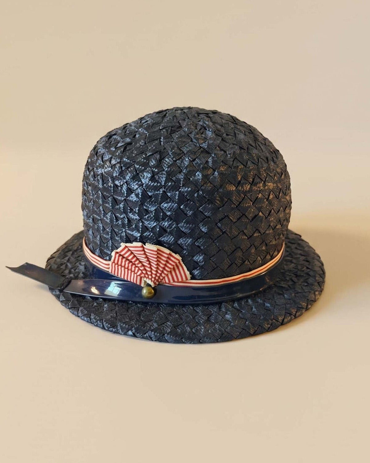 Vintage 1960s Mr John Classic Navy Blue Straw Hat Red White Blue Patriotic Ribbon Election Day Americana Women's Designer Hat