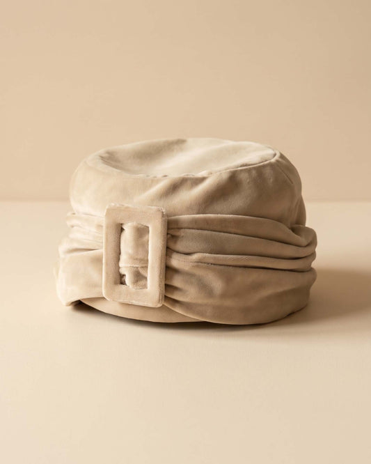 Vintage 1950s Velvet Turban Hat | Champagne Beige Draped Buckle Hat | Mid Century Cocktail Hat