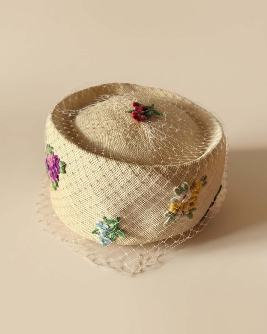 Vintage 1950s Valerie Modes Hat | Embroidered Floral Pillbox | Ivory Straw Veiled Hat
