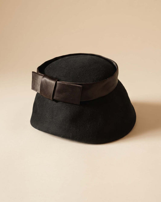 Vintage 1950s Black Felt Hat | Satin Bow Aubrey Hepburn Style Hat | Mid Century Women's Hat