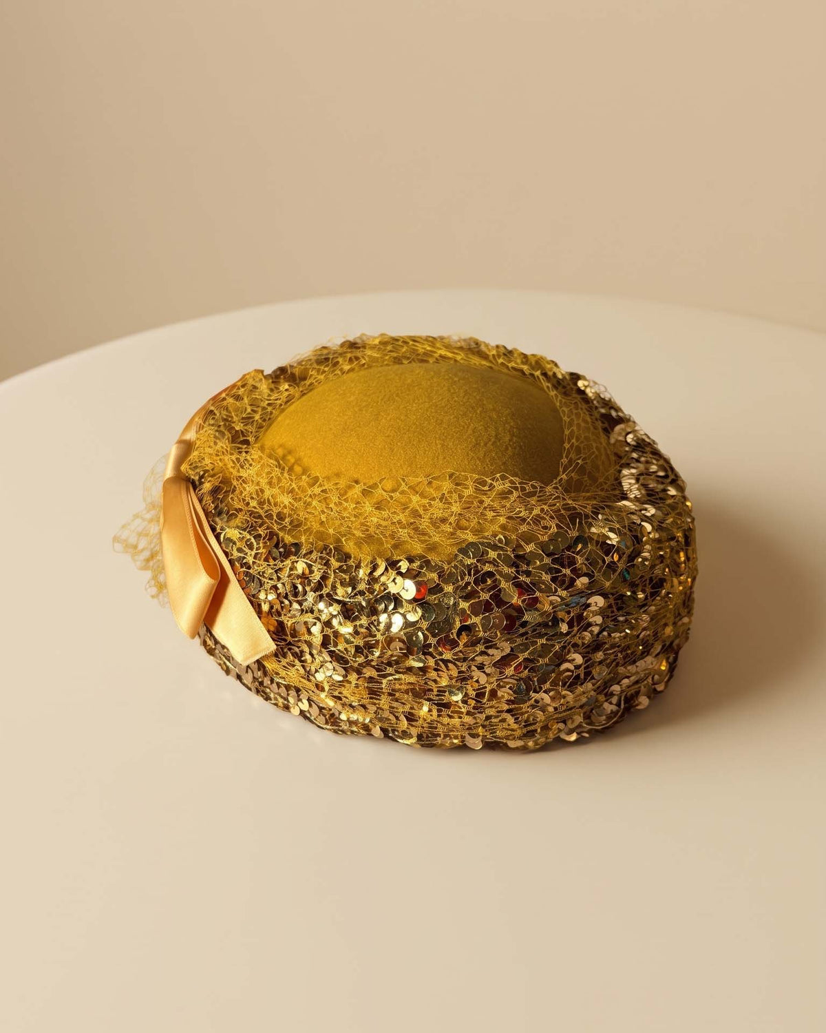 Vintage 1950s Gold Sequin Hat | Mustard Yellow Veiled Cocktail Hat | Mid Century Brimmed Hat