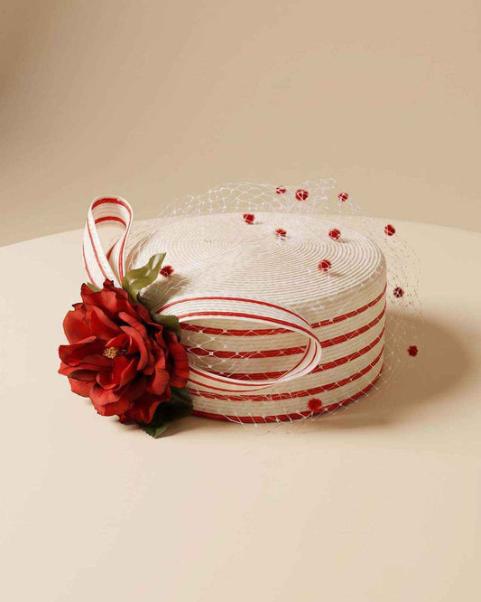 Vintage 1950s Red White Pillbox Hat | Rose Floral Veil Straw Hat | Polka Dot Netting Cocktail Hat