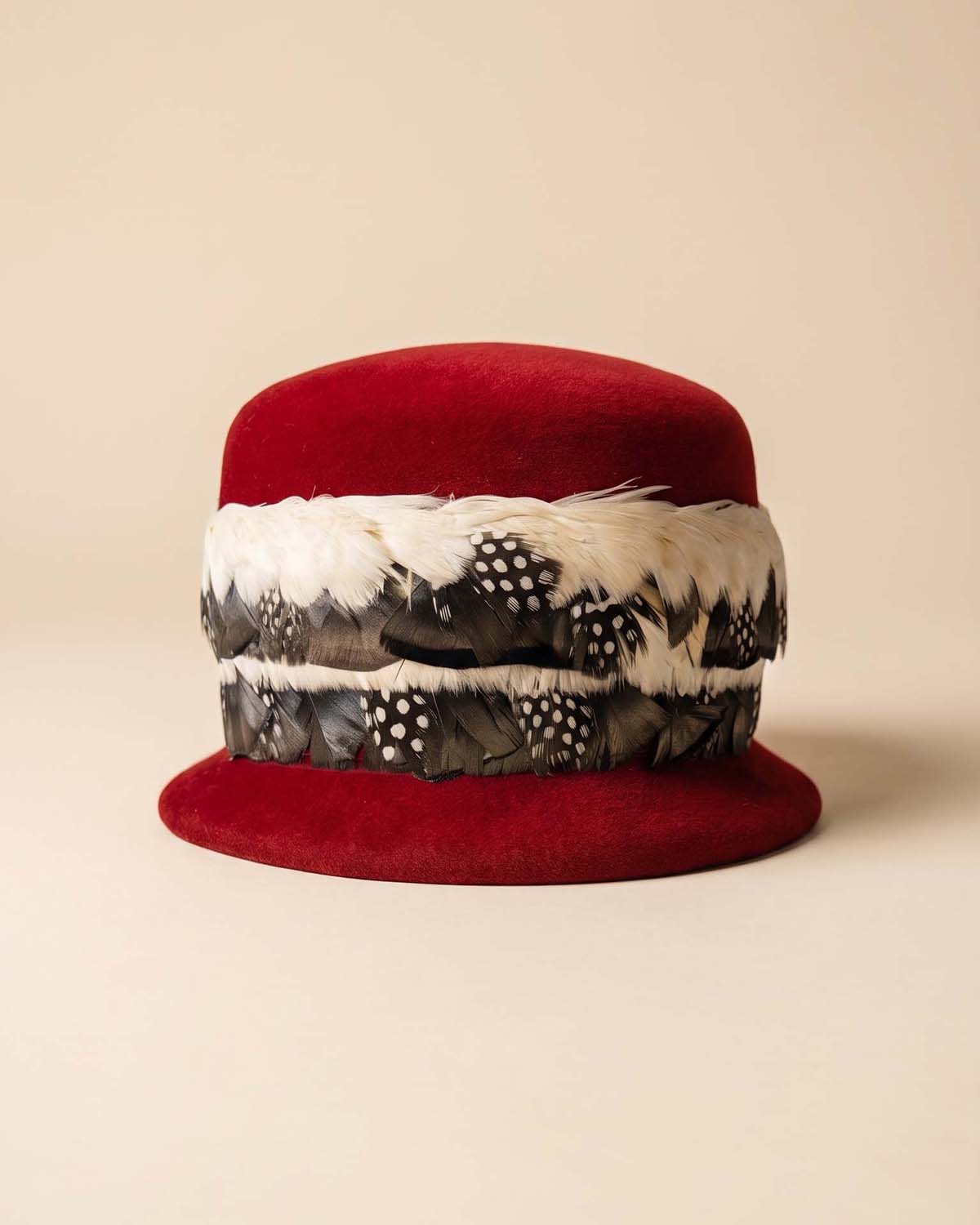 Vintage 1950s Strauss Herschberg Hat | Red Velour Felt Feather Hat | Black White Guinea Feather Hat