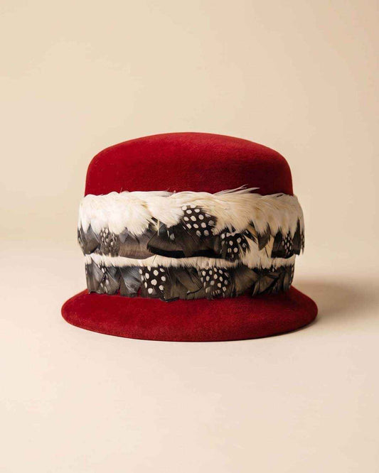 Vintage 1950s Strauss Herschberg Hat | Red Velour Felt Feather Hat | Black White Guinea Feather Hat