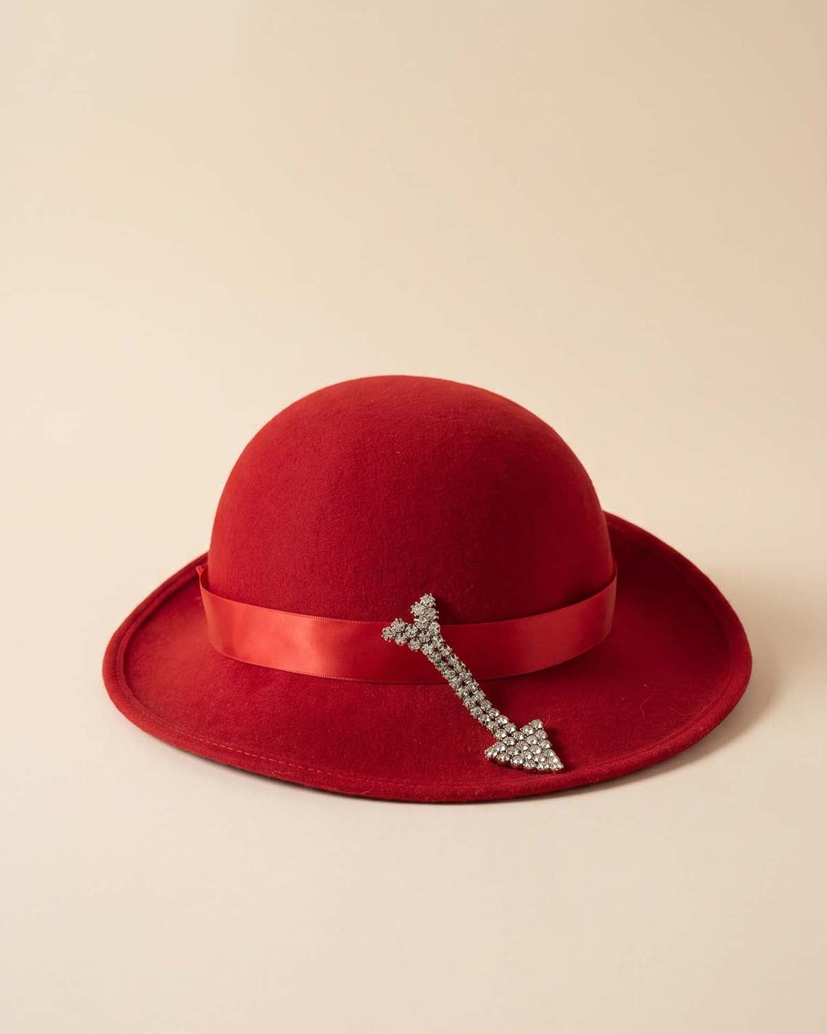 Vintage 1960s Ruth Alan Designs Red Wool Cloche Hat | Rhinestone Arrow Hat | Mod Vintage Hat