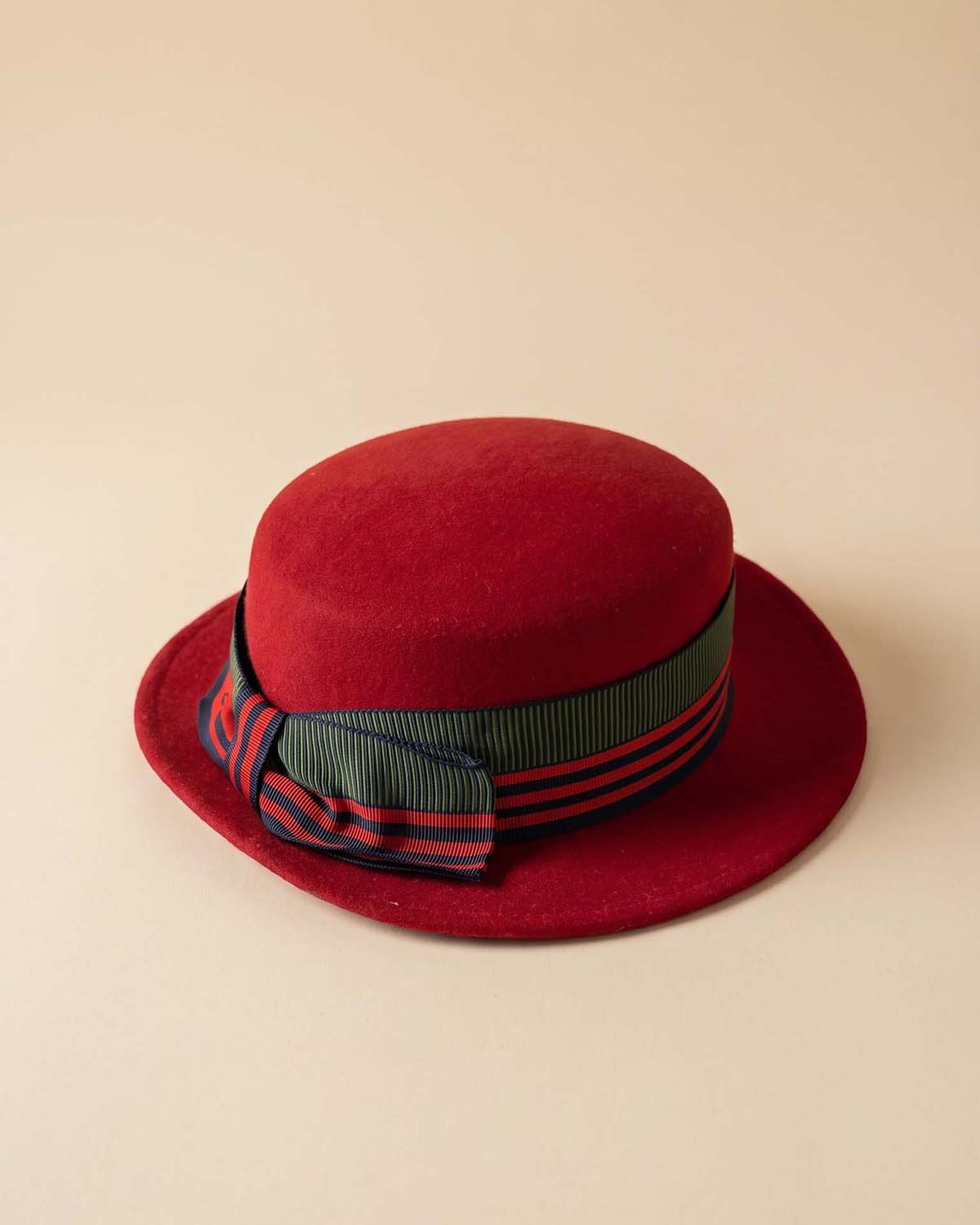 Vintage 1960s Bollman Red Felt Hat | Striped Grosgrain Ribbon Breton Hat | Merrimac Wool Hat