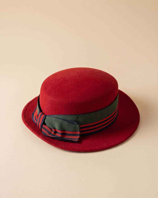 Vintage 1960s Bollman Red Felt Hat | Striped Grosgrain Ribbon Breton Hat | Merrimac Wool Hat