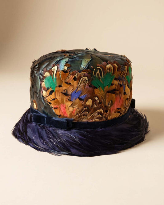 Vintage Chez Original Feather Hat | Multicolor Pheasant Feather Hat | Navy Blue Brim Mid Century Statement Millinery