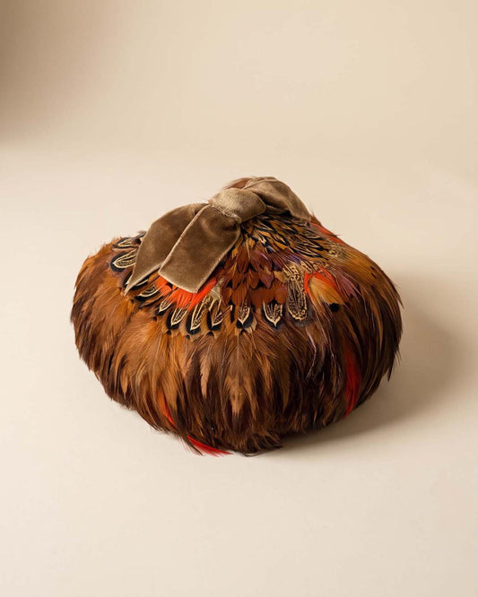 Vintage 1950s Feather Half Hat | Brown Pheasant Feather Cocktail Hat | Velvet Bow Mid Century Millinery