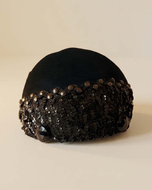 Vintage 1940s Lilyan Model Black Sequin Half Hat | Velvet Jeweled Cocktail Hat