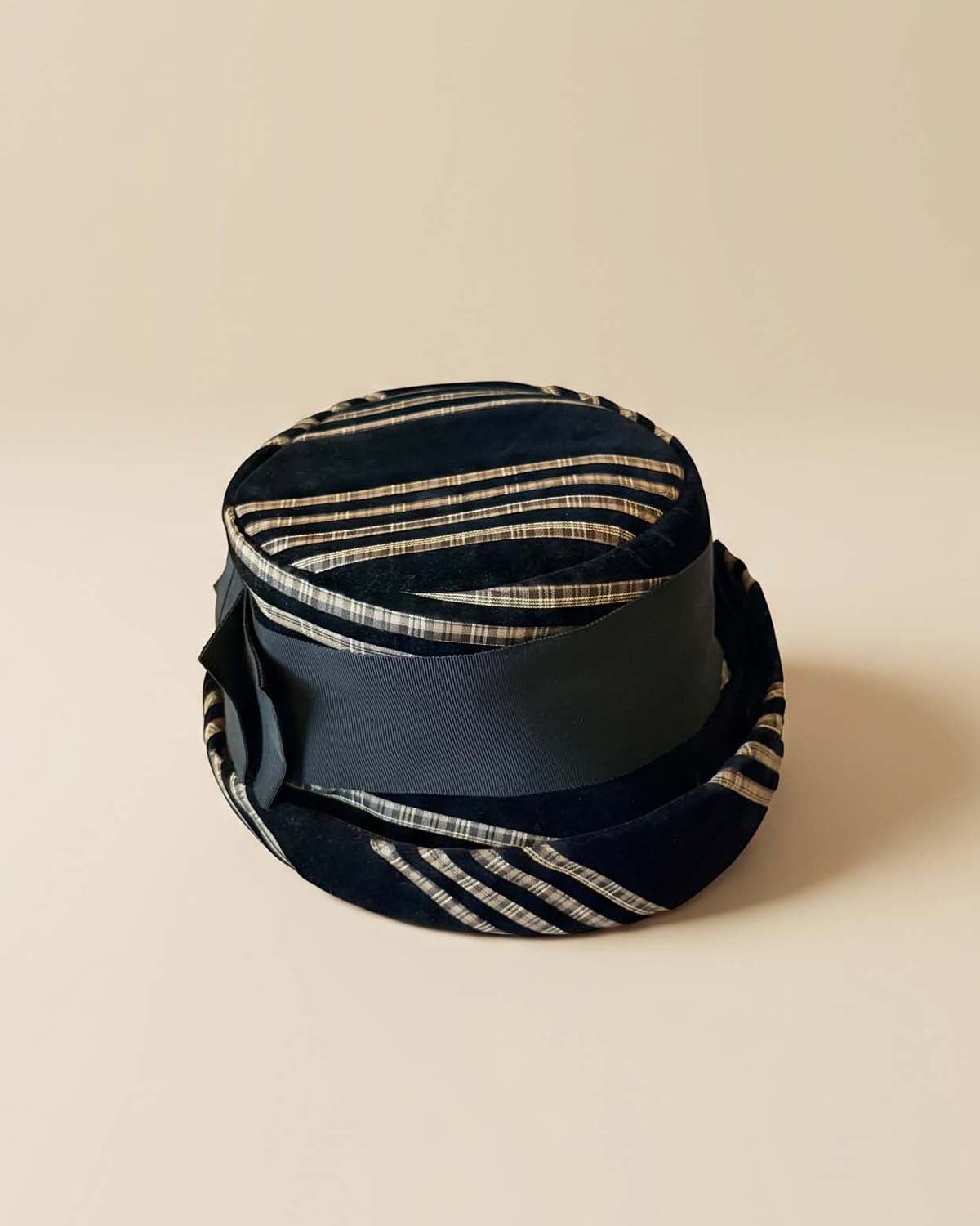 Vintage 1950s Union Made Black Velvet Hat | Metallic Striped Sculptural Mid Century Women's Hat