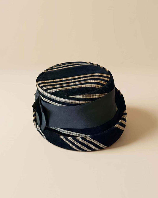 Vintage 1950s Union Made Black Velvet Hat | Metallic Striped Sculptural Mid Century Women's Hat