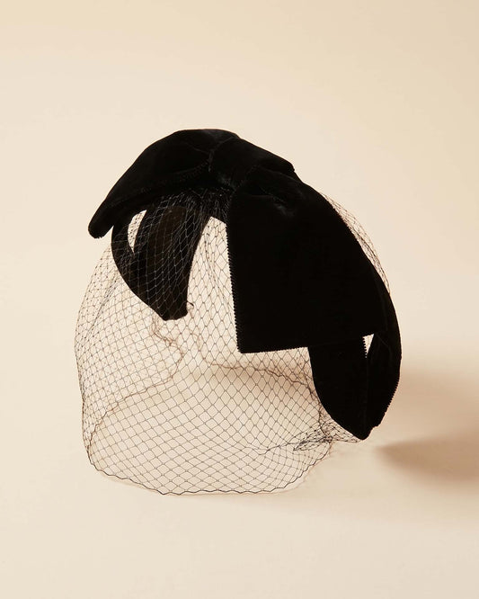 Vintage 1940s Black Velvet Half Hat | Oversized Bow Face Veil Tilt Hat Fascinator