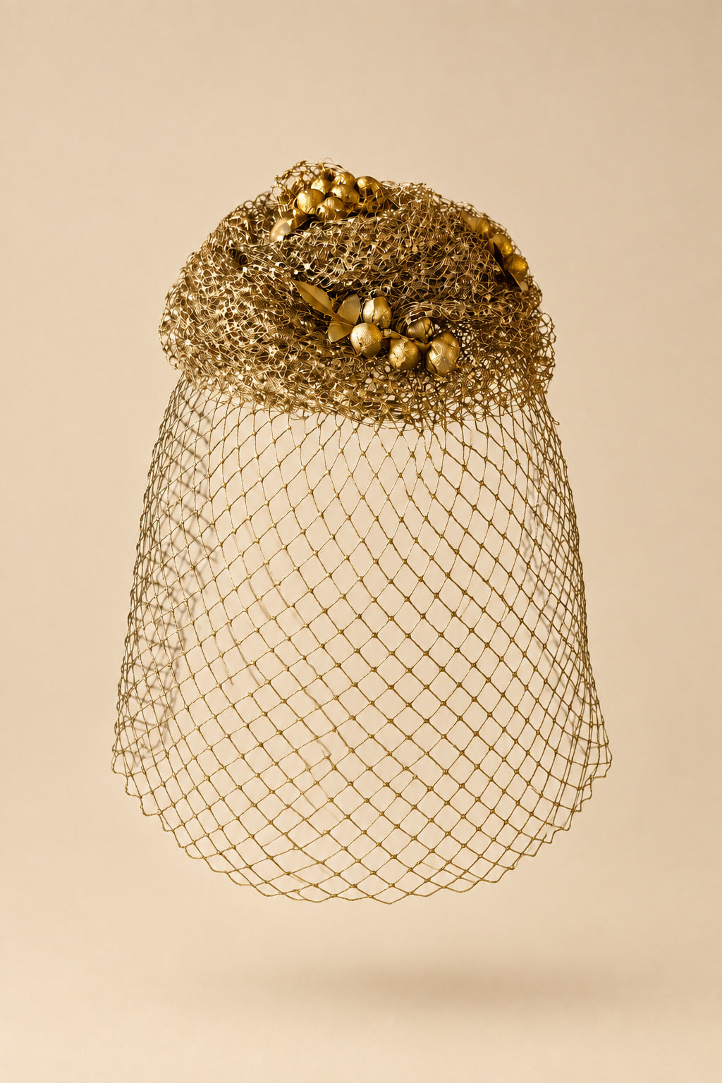 Vintage 1950s Gold Metallic Veiled Hat | Metallic Net Cocktail Hat with Berries Full Face Veil
