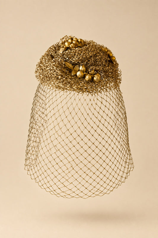 Vintage 1950s Gold Metallic Veiled Hat | Metallic Net Cocktail Hat with Berries Full Face Veil