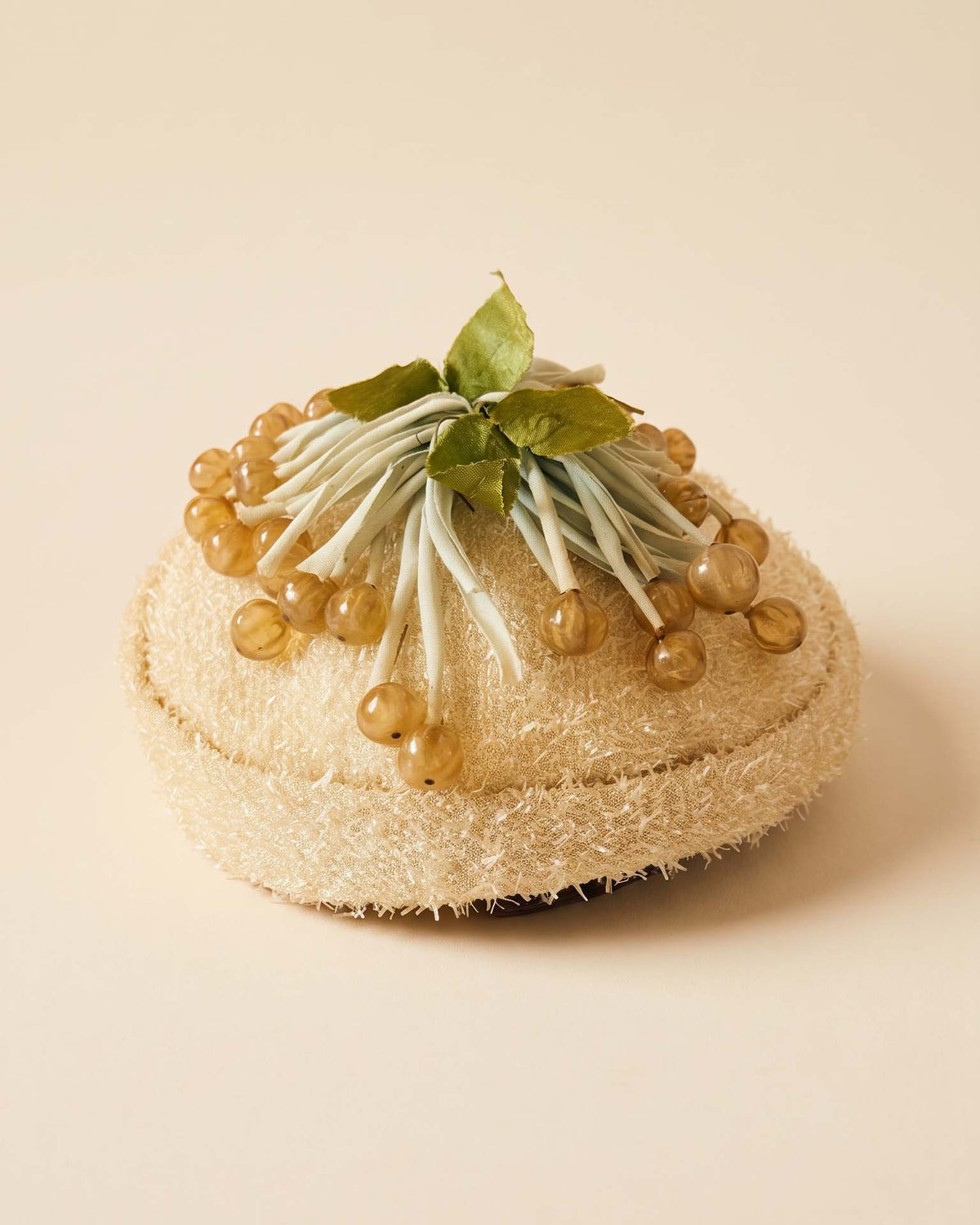 Vintage 1950s A-Dria Cocktail Hat | Cream Pillbox Hat with Berry Trim | Mid Century Novelty Hat