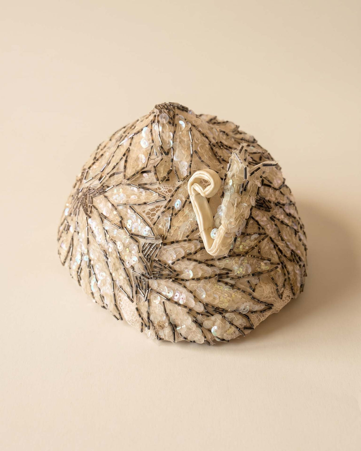 Vintage 1950s Sequin Hat | Ivory Beaded Half Hat | Bugle Bead Cocktail Hat