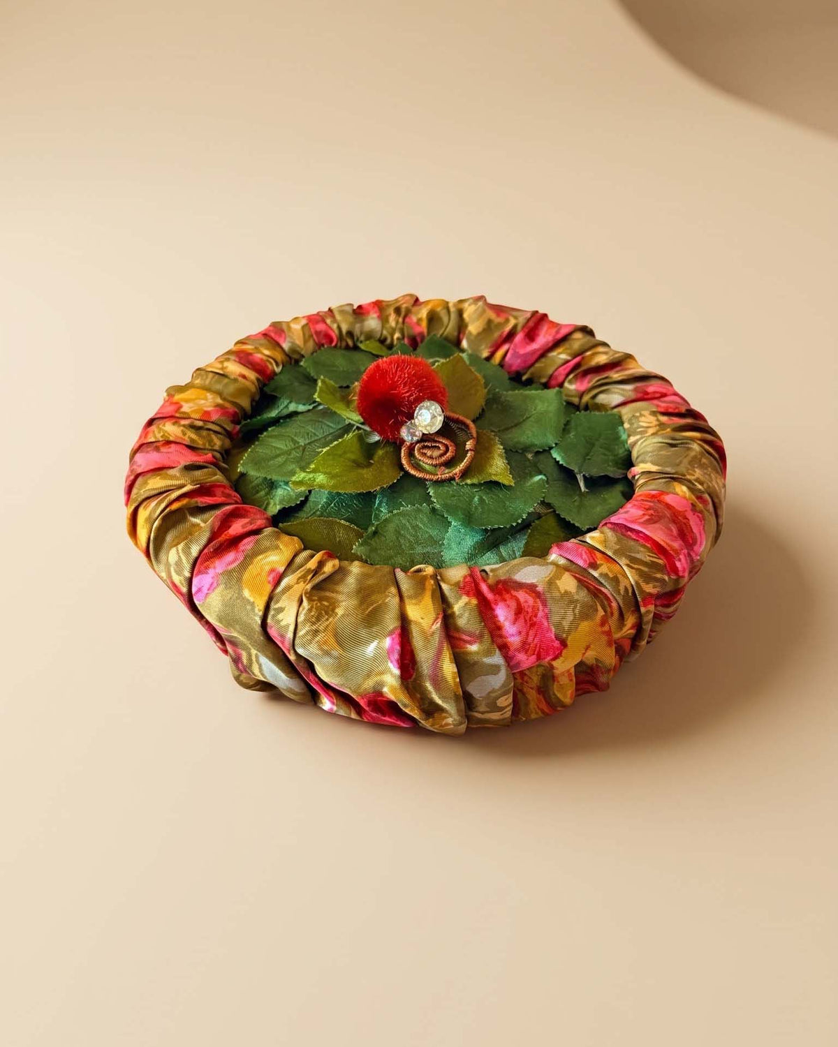 Vintage 1950s Floral Pillbox Hat | Green Leaf Cocktail Hat | Ruched Silk Rhinestone Mid Century Hat