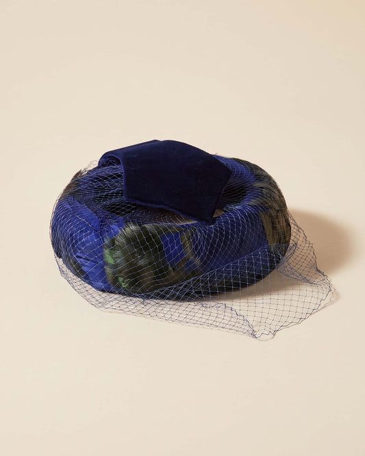 Vintage 1950s Royal Blue Velvet Hat with Iridescent Feathers & Face Veil | Mid Century Cocktail Hat