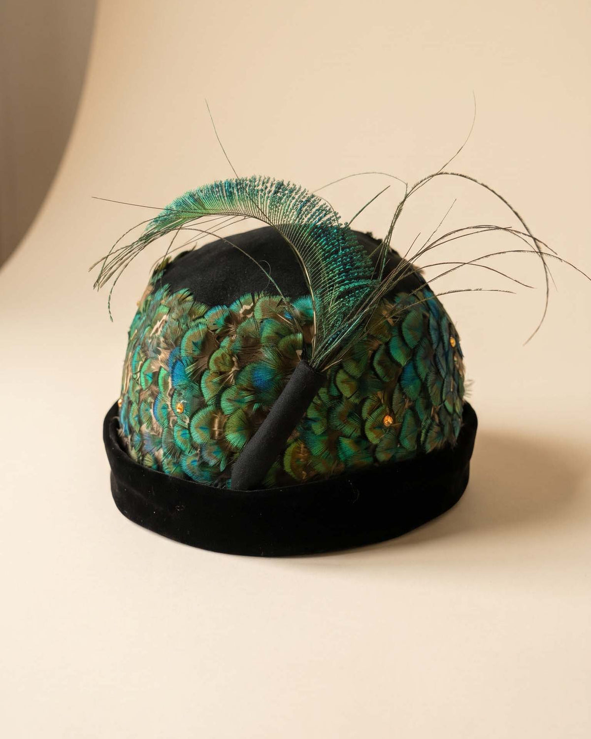 Vintage 1950s Oscar de la Renta Peacock Feather Hat | Black Velvet Rhinestone Cocktail Hat