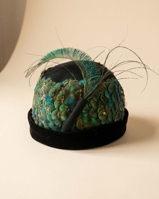 Vintage 1950s Oscar de la Renta Peacock Feather Hat | Black Velvet Rhinestone Cocktail Hat