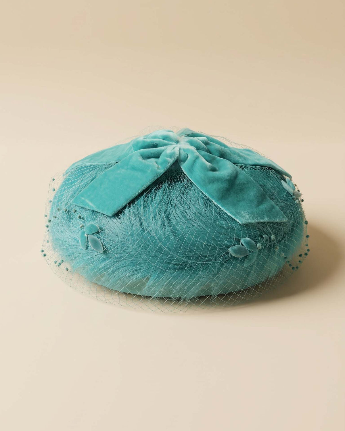 Vintage 1950s Aqua Blue Velvet Cocktail Hat with Face Veil Bow & Floral Appliqués | Mid Century Hat
