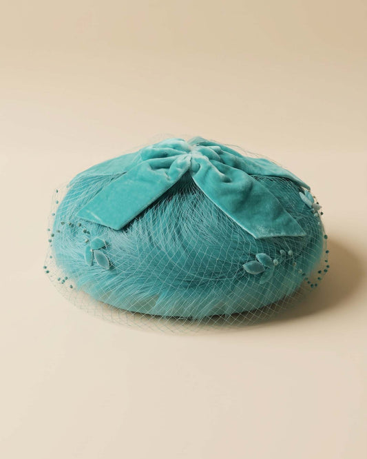 Vintage 1950s Aqua Blue Velvet Cocktail Hat with Face Veil Bow & Floral Appliqués | Mid Century Hat