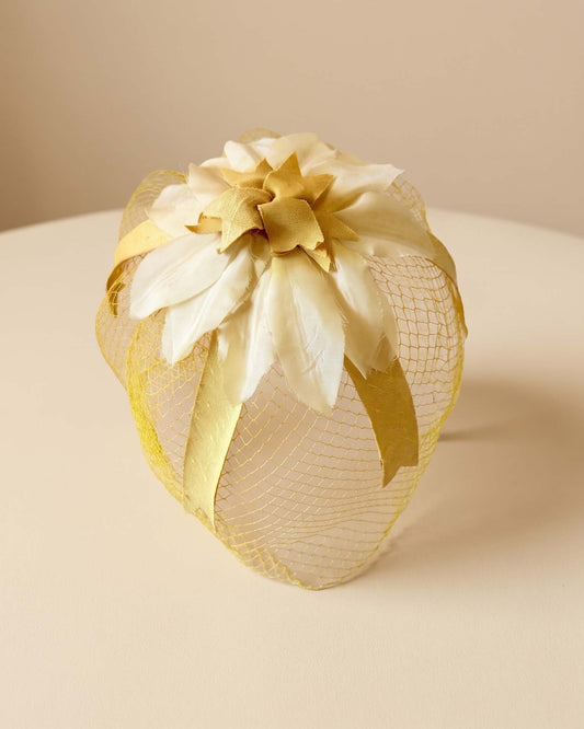 Vintage 1950s Mustard Yellow Fascinator Hat | Floral Veiled Pillbox Topper Cocktail Headpiece