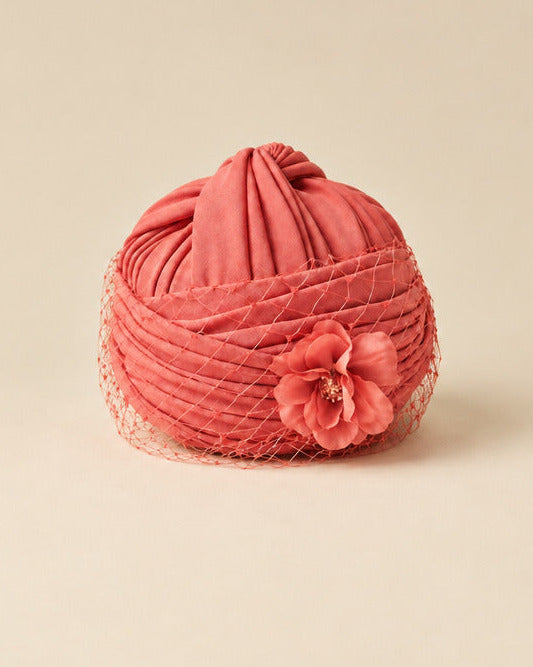 Vintage 1950s Jack McConnell Hat Coral Pink Draped Turban with Rhinestone Veil & Flower | Designer Cocktail Hat